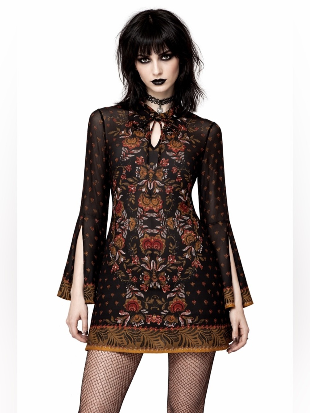 Fever Printed Flare Slit Sleeve Dress Women SZ D Dark Ethnic Boho Romantic Goth